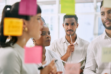 Image showing Thinking, meeting and business people on glass board brainstorming, workflow management or problem solving. Teamwork, planning and woman and man collaboration, project solution and sticky notes ideas