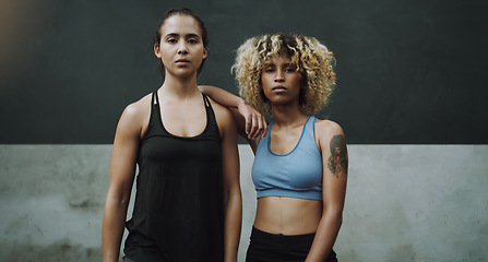 Image showing Fitness, gym and portrait of strong women for exercise, training and workout class. Sports club, body builder and female people in sport center with motivation for challenge, wellness and health