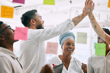 Image showing High five, brainstorming and business people for success, teamwork or collaboration of winning goals in support. Yes, team celebration and happy women, men or hands together for target on glass wall