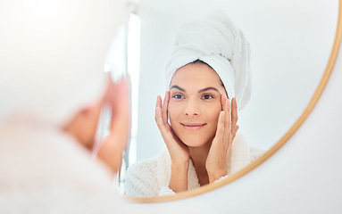 Image showing Mirror, woman and hands on face for skincare, check and anti aging cosmetic results in bathroom. Facial, beauty and female touching soft, glow and smooth skin after luxury dermatology routine at home