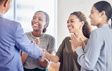 Image showing Business people, handshake and applause in meeting for introduction, hiring or welcome at office. Happy group of employees shaking hands and clapping for recruitment, partnership or corporate growth