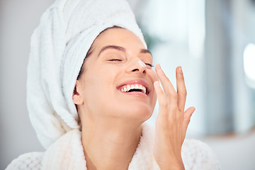 Image showing Skincare, bathroom and face cream for happy woman with dermatology and morning wellness in her home. Facial, sunscreen and female person with clean mask, creme or skin collagen beauty lotion