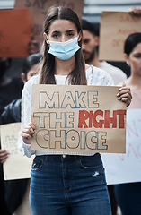 Image showing Protest poster, woman and face mask portrait with fight, human rights and rally sign in city. Urban, group and protesting people with a female person holding pro vaccine movement signage on a street