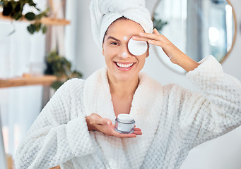 Image showing Bathroom, skincare and face cream for woman with cotton, dermatology, and wellness product in the morning at home. Portrait, sunscreen and happy person with facial, skin collagen and beauty lotion