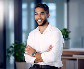Image showing Portrait, smile and man with arms crossed, business owner and employee with startup success, opportunity and creative. Face, male person and entrepreneur with confidence, professional and career
