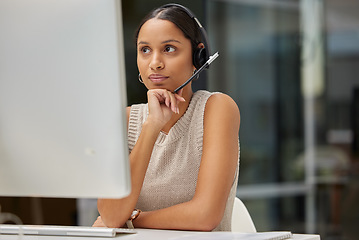 Image showing Call center, thinking and woman consulting for contact us, customer support or crm in office. Telemarketing, communication and lady consultant contemplating advice, help or loan in virtual assistance