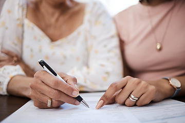 Image showing Document, pen and closeup of a woman signing a retirement contract or application with a pen. Zoom of a female person with signature for pension paperwork, form or agreement with professional lawyer.