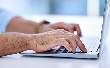 Image showing Laptop, hands and business man typing for online research, editing and copywriting or website management closeup. Professional person, writer or editor working on computer for article, blog or media