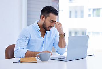 Image showing Headache, stress and business man on computer with mental health problem, burnout or fatigue in office. Brain fog, tired and pain or migraine of corporate person on laptop for mistake, debt or crisis