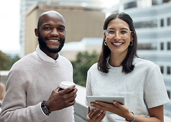 Image showing Portrait, businesspeople with coffee and tablet on rooftop building together with smile. Friends on lunch, technology and happy colleagues smiling in city or urban on a balcony of a building