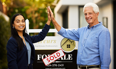 Image showing Sold, realtor portrait and people high five for home investment, property sale and retirement success. Real estate agent, landlord woman and senior man hands together for new house poster or board