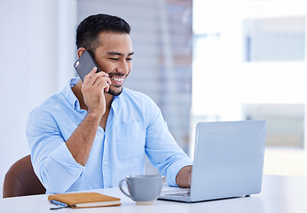 Image showing Phone call, computer and business man talking, office communication and networking, advice or financial news. Mobile conversation, voip and happy asian person or accountant working on laptop and chat