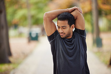 Image showing Asian man, stretching arms and fitness in park getting ready for running, workout or exercise outdoors. Male person, athlete or runner in warm up arm stretch, training or run for exercising in nature