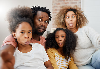 Image showing African family, selfie and funny face in portrait at home with bond, care or relax with social media app. Happy father, mother and daughters together for profile picture, comic photography and joke