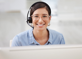 Image showing Call center, happy portrait and woman worker with a smile from customer service and web help. Online telemarketing, happiness and crm consultant with internet support and pc for agent consulting