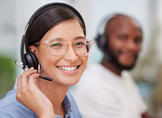 Image showing Crm, portrait and woman employee with smile for customer service, help or telemarketing. Face, consultation and happiness of call center consultant with phone support and connect for agent consulting