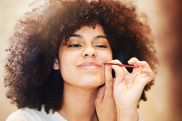 Image showing Grooming, tweezers and woman doing beauty self care, skincare and removal of hair cleaning her face in the morning. Facial, wellness and young female person doing cosmetics dermatology treatment