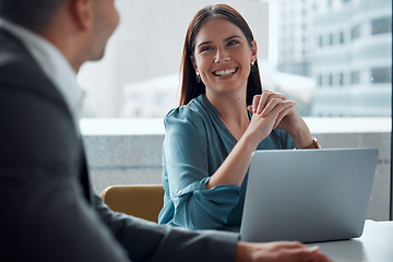 Image showing Business meeting, woman and happy with laptop, working in company office, building or teamwork discussion. Female employee, manager or conversation with executive, ceo or feedback from boss