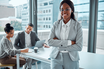 Image showing Portrait, arms crossed and black woman, lawyer and entrepreneur in meeting. Face, glasses and business smile of African female law professional with confidence, career pride and leadership in office.