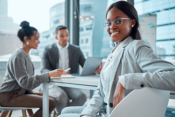 Image showing Portrait, smile and black woman, lawyer and meeting in office workplace. Face, intern and business entrepreneur or African female law professional with confidence, career pride or mindset at work