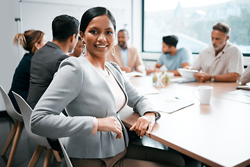 Image showing Join us. Business woman, smile in portrait and collaboration, confidence and meeting with group for corporate project. Team leader, manager and proud, female person in a professional conference room.