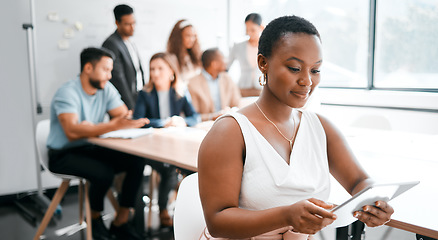 Image showing Black woman in business, smile with tablet in conference room, leadership and meeting with corporate group. Team leader, wireless tech and female person with presentation and professional mindset