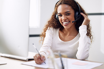 Image showing Call center, portrait and woman writing notes for customer service, sales consulting and CRM in office. Happy female agent, consultant and contact us for telemarketing, online advice and telecom help