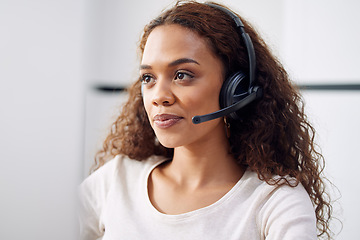 Image showing Call center, woman and face of consultant at computer for customer service, technical support and CRM. Female telemarketing agent at desktop for communication, telecom consulting and sales help desk