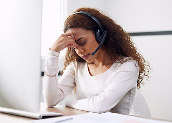 Image showing Call center, woman and headache at computer for stress, burnout and problem with client communication. Tired female telemarketing consultant at desktop with crisis, challenge and bad sales service