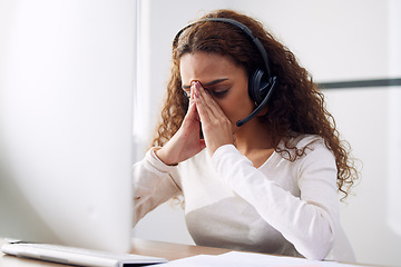 Image showing Call center, headache and woman with stress for computer problem, burnout and brain fog for consulting. Tired female telemarketing consultant at desktop with crisis, anxiety and bad customer service