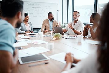 Image showing Business people, meeting and marketing strategy in team planning or sharing ideas at office. Group of employees in teamwork, collaboration or brainstorming for market plan or project at conference