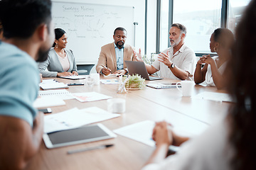 Image showing Business people, meeting and discussion for team planning, working and workplace ideas at the office. Group of employees in teamwork, collaboration or brainstorming for diversity at conference