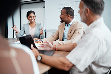 Image showing Business people, meeting and planning for strategy, brainstorming or sharing ideas at the office. Woman, group or employees in team discussion, collaboration or project in conference at the workplace