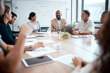 Image showing Business people, diversity and meeting in planning for strategy, brainstorming or sharing ideas at office. Group of employees in team discussion, collaboration or plan in conference at the workplace