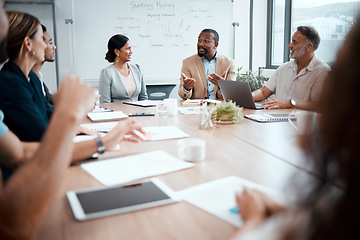 Image showing Business people, corporate and meeting in planning for strategy, brainstorming or sharing ideas at office. Group of employees in team discussion, collaboration or plan in conference at the workplace