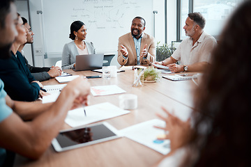 Image showing Business people, meeting and idea for strategy in planning, brainstorming or coaching at the office. Group of employees in team discussion, collaboration or training staff in conference at workplace