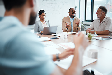 Image showing Business people, coaching and meeting in teamwork strategy, planning or brainstorming at office. Group of employees in team discussion, collaboration or project management in conference at workplace