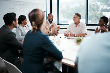 Image showing Business people, coaching and meeting for strategy, brainstorming or planning at office workshop. Group of employees in team discussion, collaboration or project management in conference at workplace