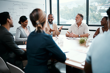 Image showing Happy business people, coaching and meeting in strategy, brainstorming or planning at the office. Group of employees in team discussion, collaboration or project management in conference at workplace