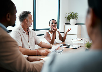 Image showing Black woman, business meeting and planning in teamwork strategy, ideas or brainstorming at office. African female person talking in conference, team collaboration or project management at workplace