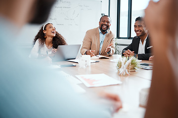 Image showing Happy, business people and laughing in meeting for startup joke, communication or comedy at the office. Group of employees smile and laugh for fun discussion, meme or friendly humor at the workplace