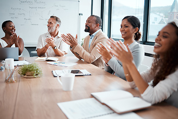 Image showing Business people, applause and meeting of audience in presentation or team seminar at the office. Happy group of employees clapping in conference for teamwork, support or motivation at the workplace