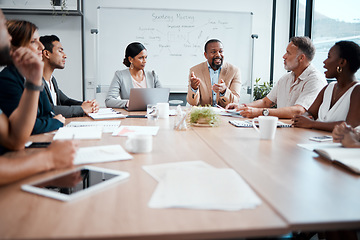 Image showing Business people, teamwork and meeting for strategy, planning or corporate brainstorming discussion at office. Group of employees in team collaboration or communication in conference at the workplace