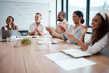 Image showing Happy, business people and applause of audience in meeting for presentation or team seminar at office. Group of employees clapping in conference for teamwork, support or motivation at the workplace