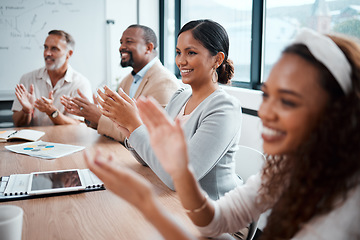 Image showing Business people, applause and meeting in conference, presentation or team seminar at the office. Happy group of employees clapping for teamwork, support or motivation in boardroom at the workplace