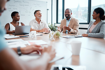 Image showing Happy business people, meeting and strategy in planning, team discussion or sharing idea at office. Group of employees in teamwork, collaboration or discussing project plan in conference at workplace