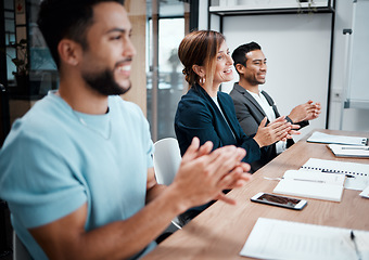 Image showing Happy, business people and applause in meeting for presentation, growth or team seminar at the office. Group of employees clapping in conference for teamwork, support or motivation at the workplace