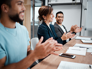 Image showing Happy, business people and audience applause in meeting for presentation, growth or team seminar at office. Group of employees clapping in conference for teamwork, support or motivation at workplace