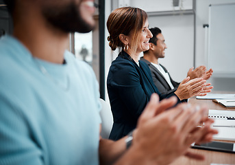 Image showing Happy, business people and applause in meeting seminar, presentation or team growth at office. Group of employees or audience clapping in conference for teamwork, support or motivation at workplace