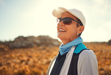 Image showing Relax, hiking and thinking with old woman in nature for wellness, fitness and retirement. Happy, freedom and travel with senior hiker trekking in outdoors for environment, adventure and summer